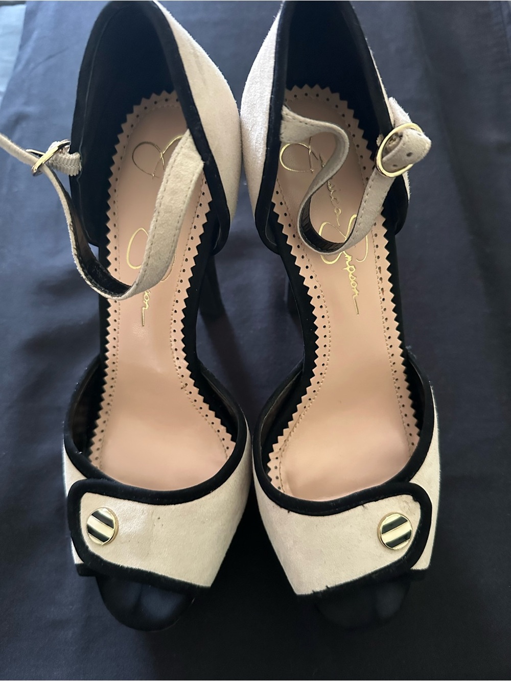 Jessica Simpson Cream and Black Open-Toe Ankle-Strap Heels